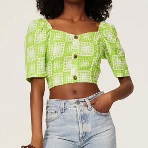 The Odells Julie Geometric Linen Blend Crop Top Women's Small Lime Green